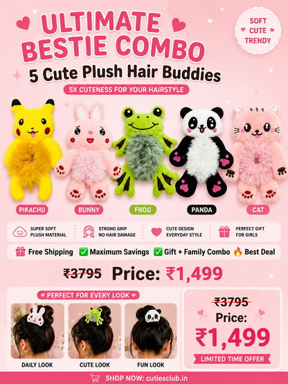 Cute Plush Hair Buddy Combo Pack (5 Pieces) 🐼🐸🐰🐱⚡ | Kawaii Plush Scrunchies for Girls | Bestie & Family Gift Set cutiesclub.in