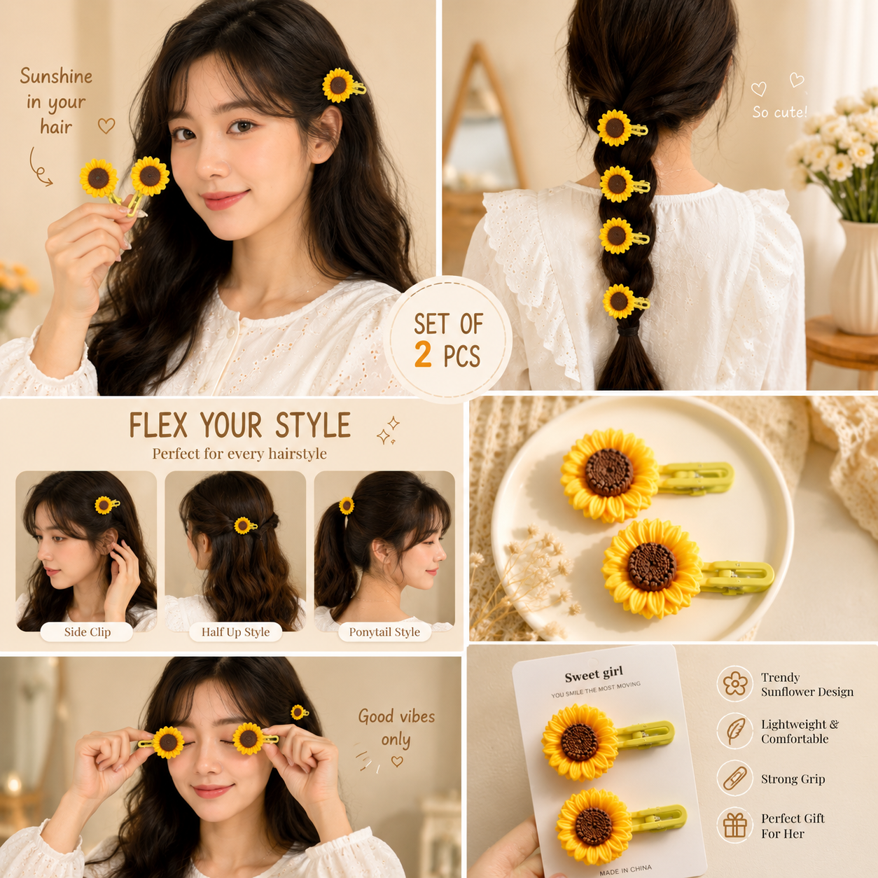 🌻 Sunflower Hair Clips for Girls (Set of 2) | Cute Korean Hair Accessories | Cuties Club cutiesclub.in