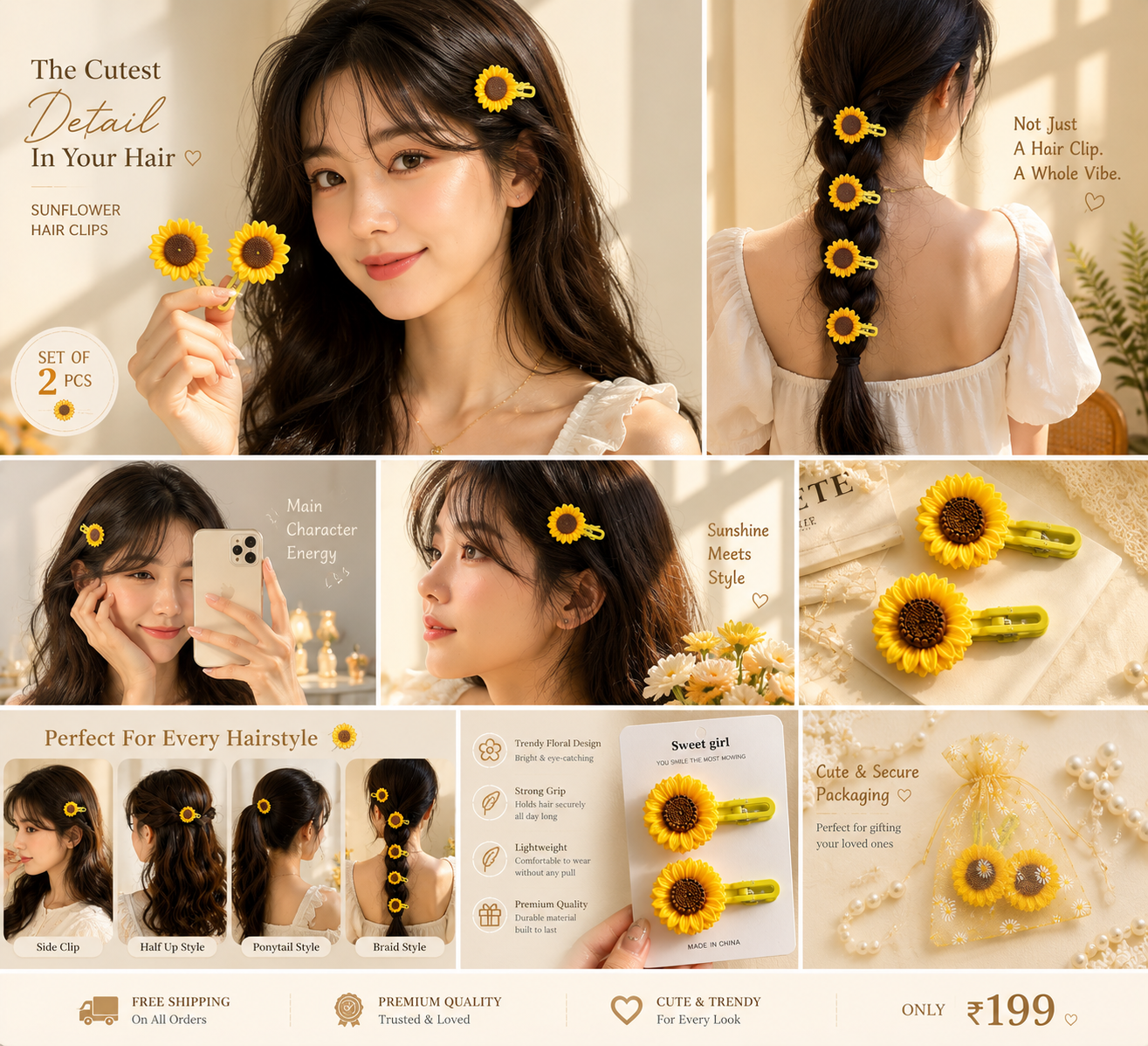 🌻 Sunflower Hair Clips for Girls (Set of 2) | Cute Korean Hair Accessories | Cuties Club cutiesclub.in