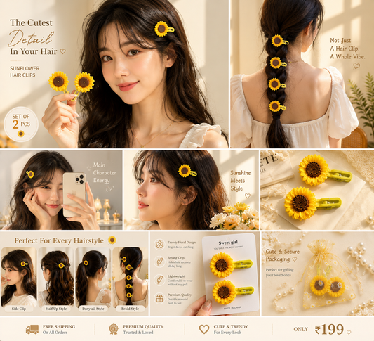 🌻 Sunflower Hair Clips for Girls (Set of 2) | Cute Korean Hair Accessories | Cuties Club cutiesclub.in
