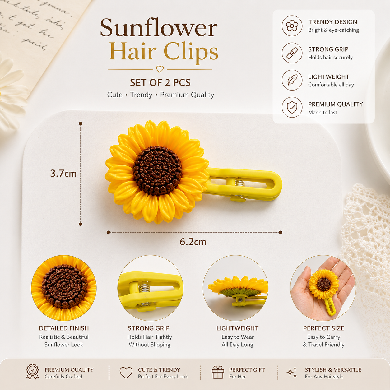 🌻 Sunflower Hair Clips for Girls (Set of 2) | Cute Korean Hair Accessories | Cuties Club cutiesclub.in