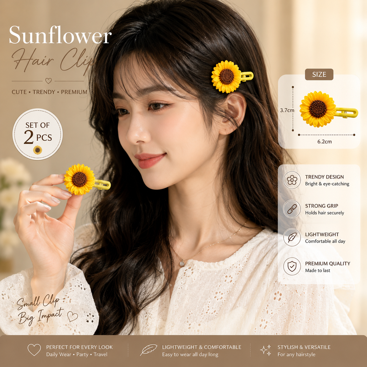 🌻 Sunflower Hair Clips for Girls (Set of 2) | Cute Korean Hair Accessories | Cuties Club cutiesclub.in