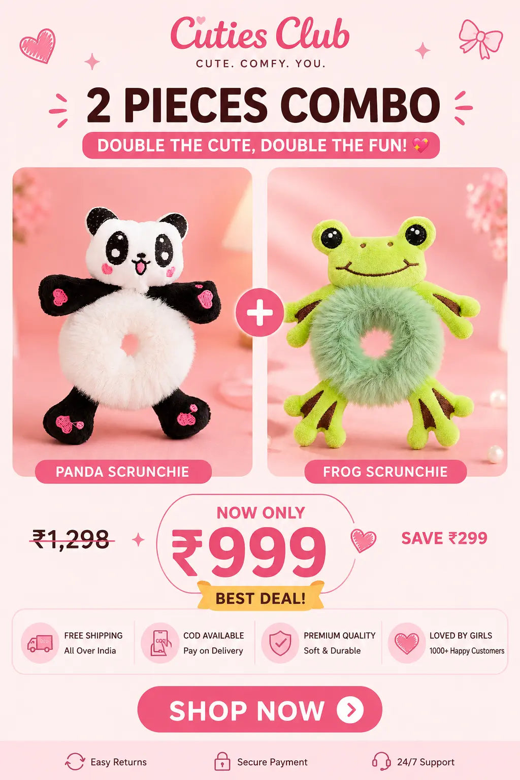 Cute Plush Hair Buddy Combo Pack (Pikachu & Panda) | Soft Kawaii Hair Accessories | Bestie & Family Gift Set cutiesclub.in