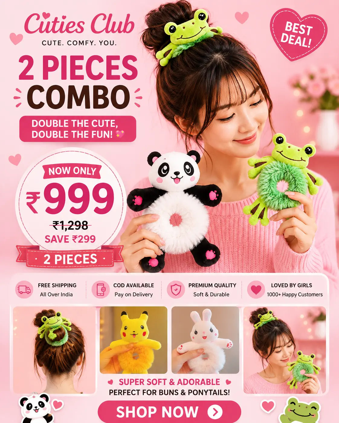 Cute Plush Hair Buddy Combo Pack (Panda & Frog ) | Soft Kawaii Hair Accessories | Bestie & Family Gift Set cutiesclub.in