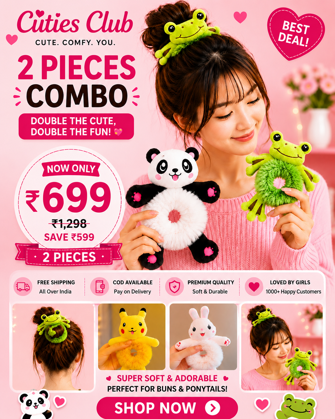 Cute Plush Hair Buddy Combo Pack (Panda & Frog ) | Soft Kawaii Hair Accessories | Bestie & Family Gift Set cutiesclub.in