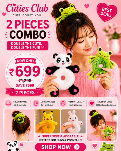 Cute Plush Hair Buddy Combo Pack (Panda & Frog ) | Soft Kawaii Hair Accessories | Bestie & Family Gift Set cutiesclub.in