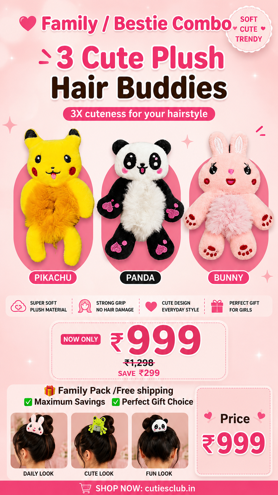 Cute Plush Hair Buddy Combo Pack (Pikachu , Panda & Bunny) | Soft Kawaii Hair Accessories | Bestie & Family Gift Set cutiesclub.in