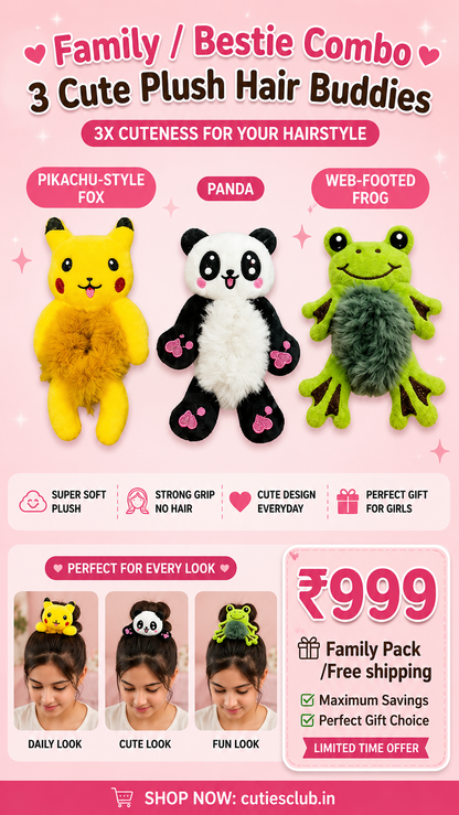 Cute Plush Hair Buddy Combo Pack (Pikachu , Panda & Bunny) | Soft Kawaii Hair Accessories | Bestie & Family Gift Set cutiesclub.in