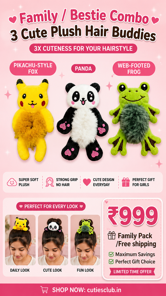 Cute Plush Hair Buddy Combo Pack (Pikachu , Panda & Bunny) | Soft Kawaii Hair Accessories | Bestie & Family Gift Set cutiesclub.in