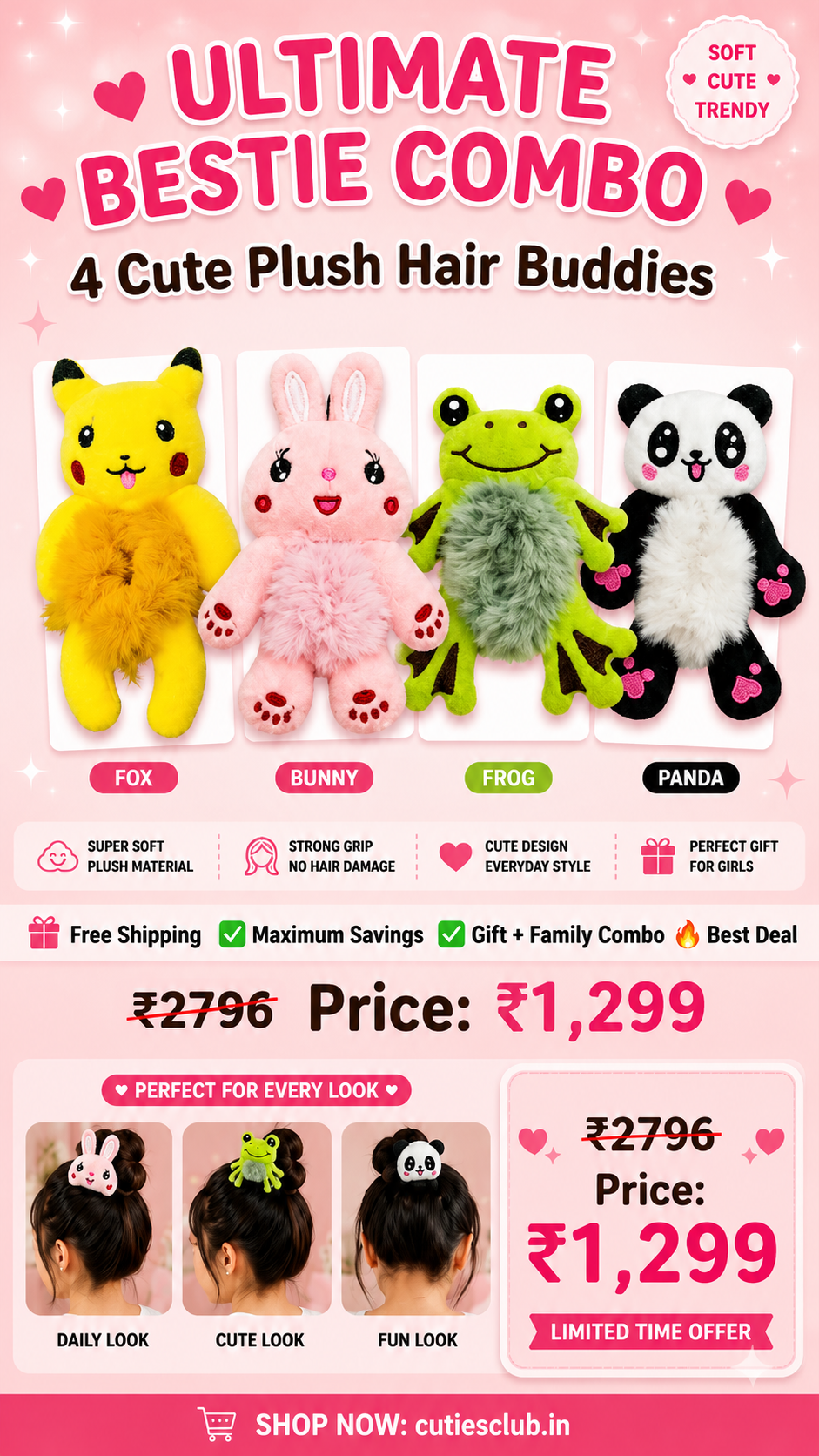 Cute Plush Hair Buddy Combo Pack (🐸 Frog, 🐼 Panda,🐰 Bunny ⚡Pikachu) | Soft Kawaii Hair Accessories | Bestie & Family Gift Set cutiesclub.in