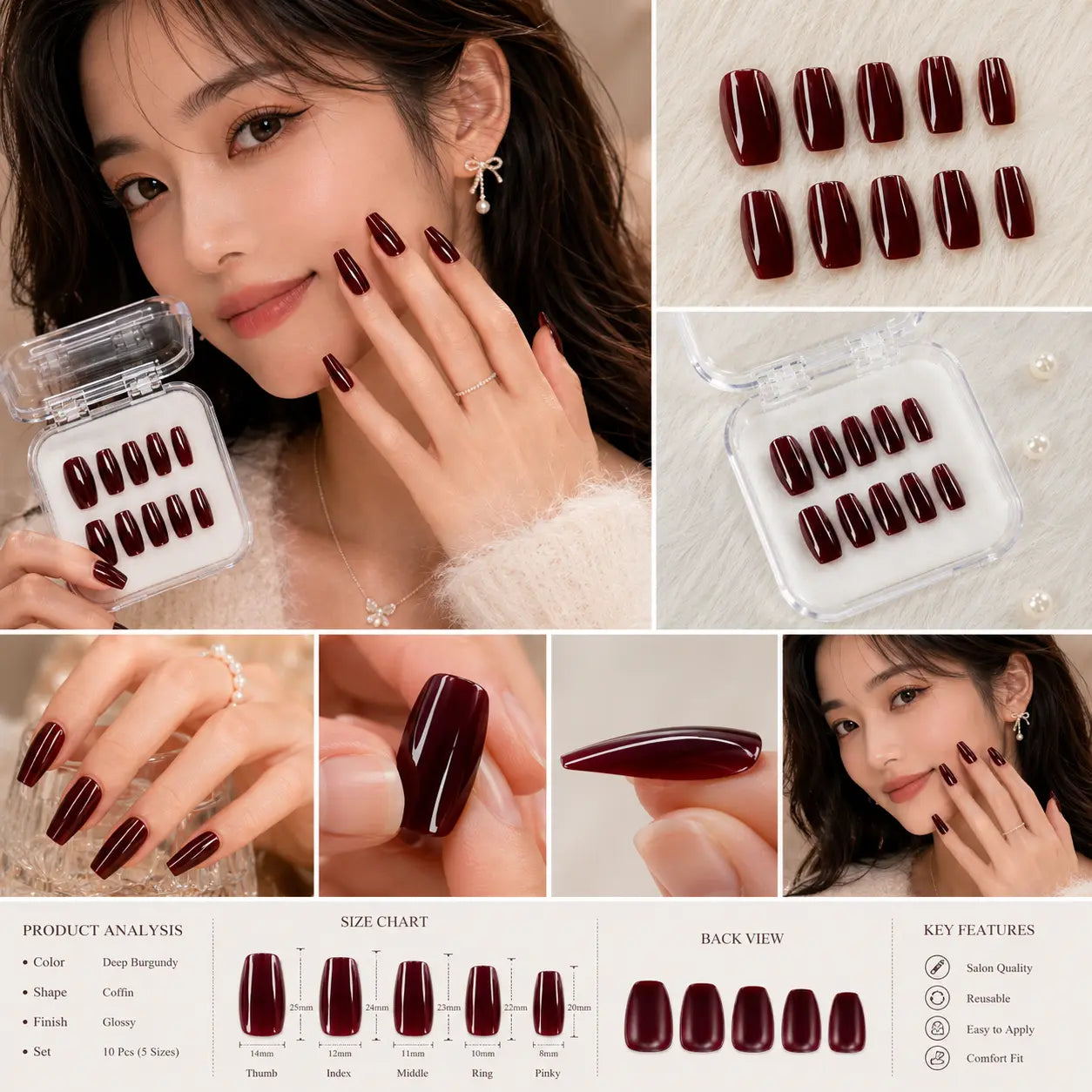 Luxury Burgundy Press-On Nails – Reusable Glossy Wine Red Nail Set for Girls | Salon Style at Home cutiesclub.in
