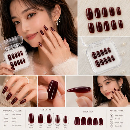 Luxury Burgundy Press-On Nails – Reusable Glossy Wine Red Nail Set for Girls | Salon Style at Home cutiesclub.in