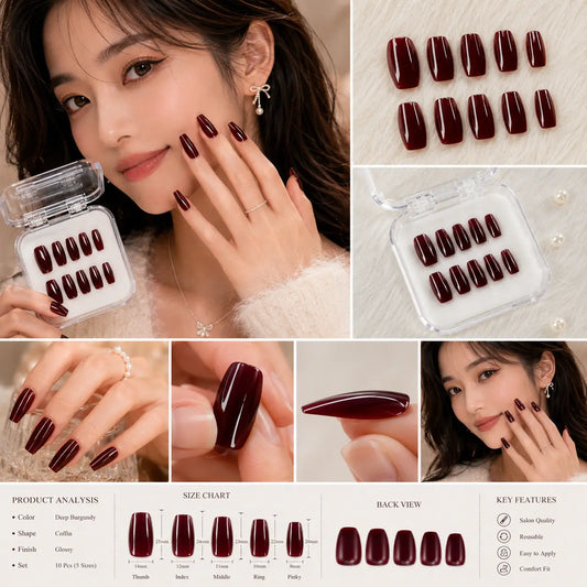 Luxury Burgundy Press-On Nails – Reusable Glossy Wine Red Nail Set for Girls | Salon Style at Home cutiesclub.in