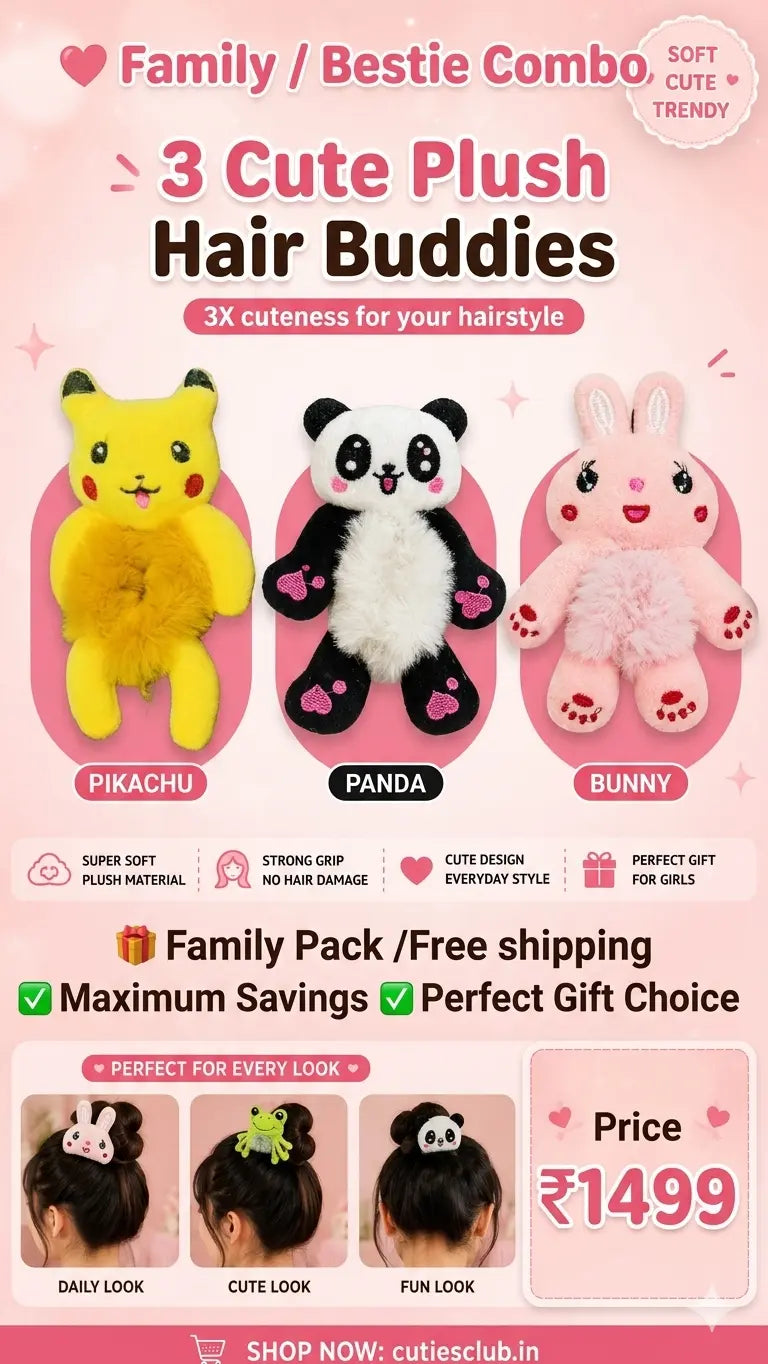 Cute Plush Hair Buddy Combo Pack (Pikachu , Panda & Bunny) | Soft Kawaii Hair Accessories | Bestie & Family Gift Set cutiesclub.in