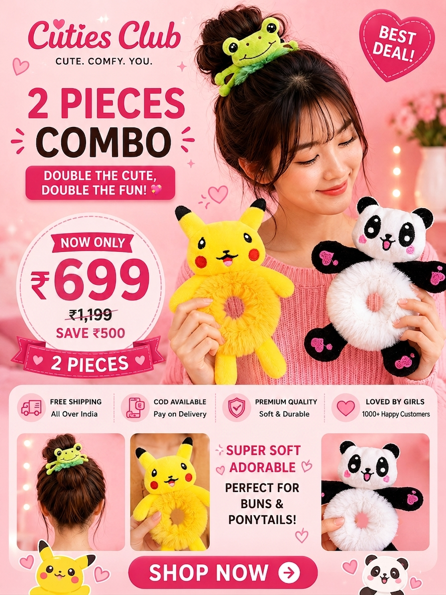 Cute Plush Hair Buddy Combo Pack (Pikachu & Panda) | Soft Kawaii Hair Accessories | Bestie & Family Gift Set cutiesclub.in