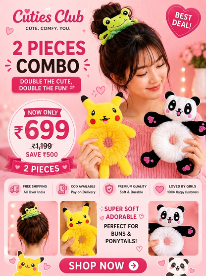 Cute Plush Hair Buddy Combo Pack (Pikachu & Panda) | Soft Kawaii Hair Accessories | Bestie & Family Gift Set cutiesclub.in
