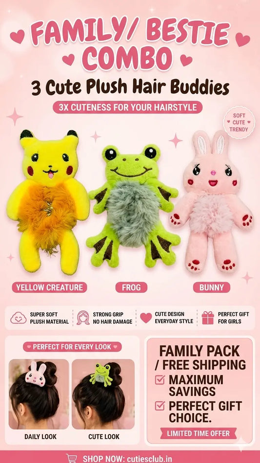 Cute Plush Hair Buddy Combo Pack (Pikachu , Panda & Bunny) | Soft Kawaii Hair Accessories | Bestie & Family Gift Set cutiesclub.in