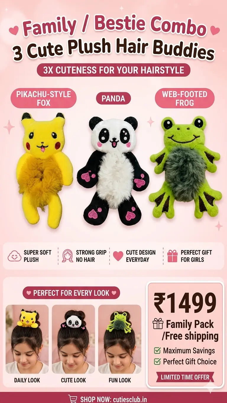 Cute Plush Hair Buddy Combo Pack (Pikachu , Panda & Bunny) | Soft Kawaii Hair Accessories | Bestie & Family Gift Set cutiesclub.in