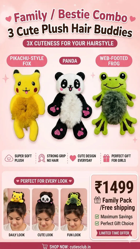 Cute Plush Hair Buddy Combo Pack (Pikachu , Panda & Bunny) | Soft Kawaii Hair Accessories | Bestie & Family Gift Set cutiesclub.in