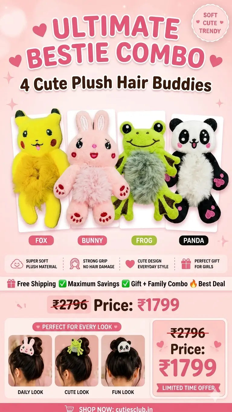 Cute Plush Hair Buddy Combo Pack (🐸 Frog, 🐼 Panda,🐰 Bunny ⚡Pikachu) | Soft Kawaii Hair Accessories | Bestie & Family Gift Set cutiesclub.in