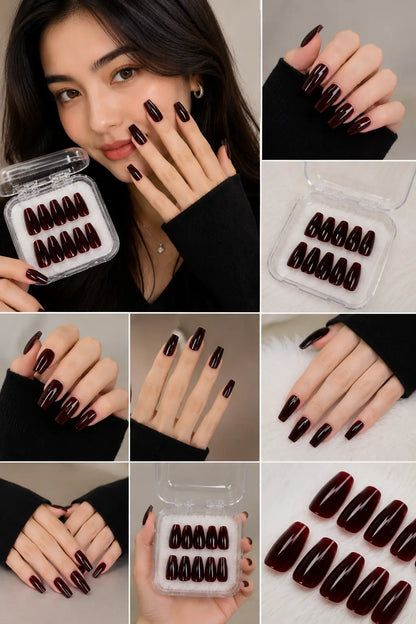 Luxury Burgundy Press-On Nails – Reusable Glossy Wine Red Nail Set for Girls | Salon Style at Home cutiesclub.in