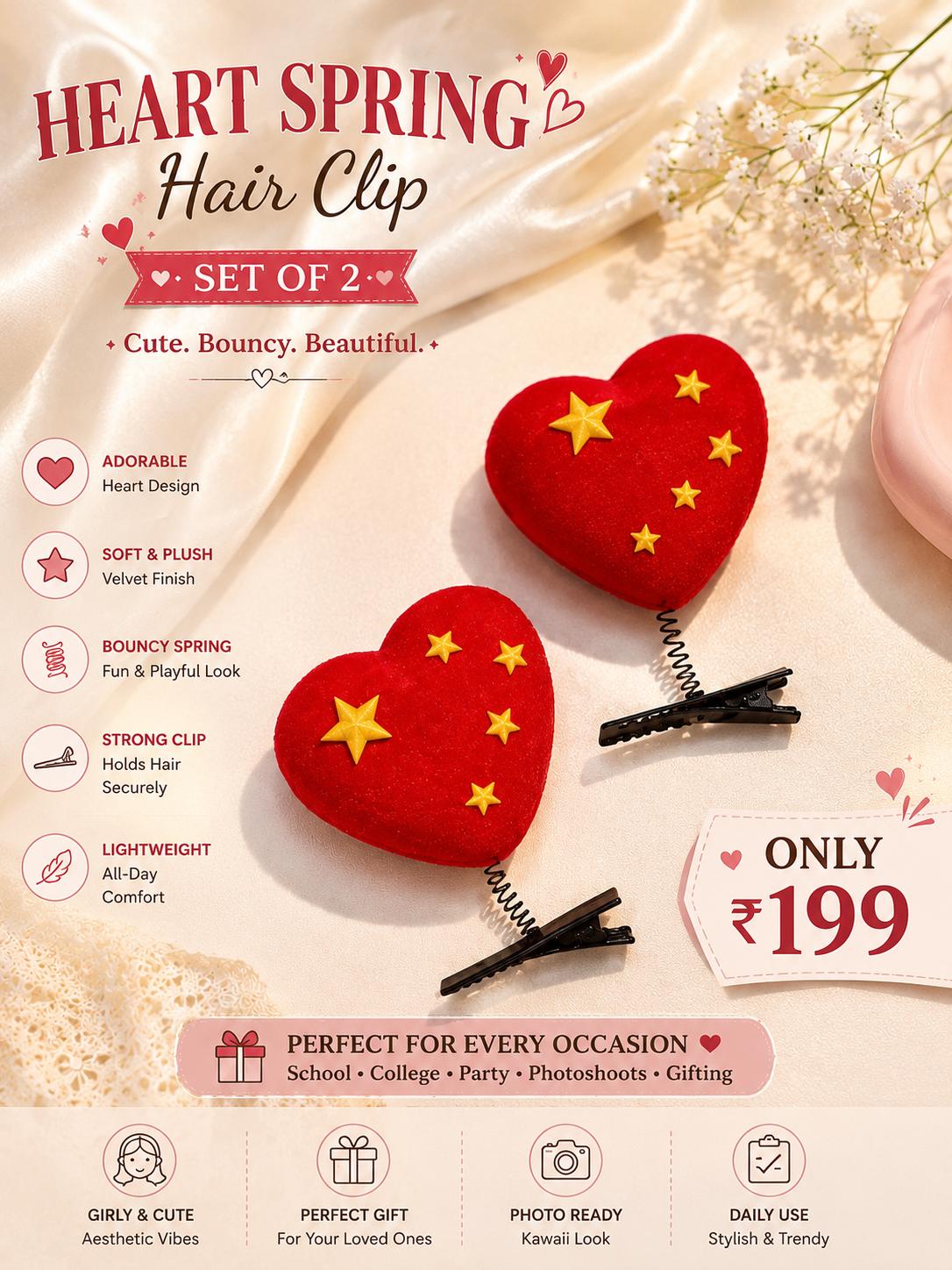 Add a cute and playful touch to your hairstyle with this Cute Korean Style Heart Spring Hair Clip! ❤️✨ cutiesclub.in