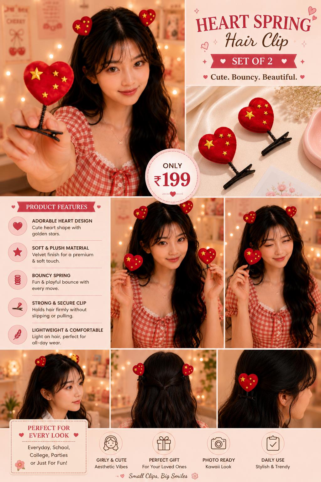 Add a cute and playful touch to your hairstyle with this Cute Korean Style Heart Spring Hair Clip! ❤️✨ cutiesclub.in