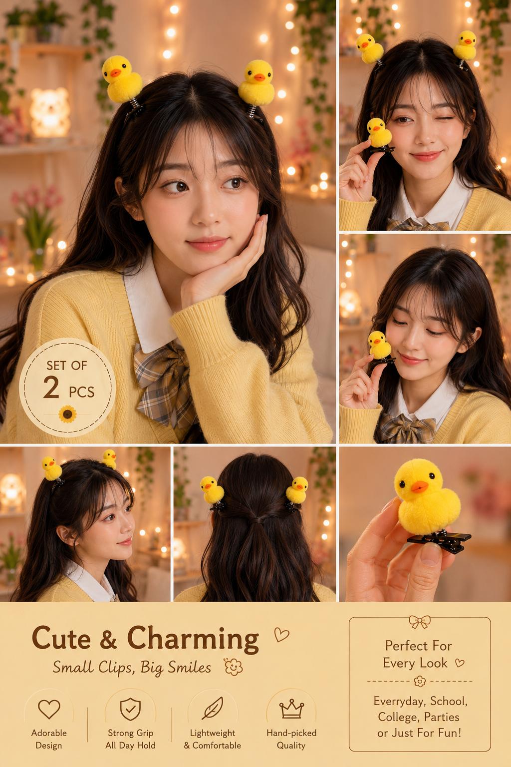 🐥 Cute Korean Duck Hair Clip | Fun Hair Accessory for Girls | Soft, Fluffy & Trendy 💛  Everyday Cute Look 💛 cutiesclub.in