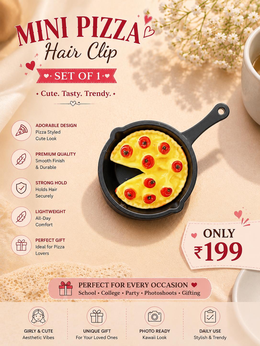 🍕 Pizza Hair Clip for Girls | Cute Korean Style Mini Pizza Hair Clip | Fun & Trendy Hair Accessory cutiesclub.in