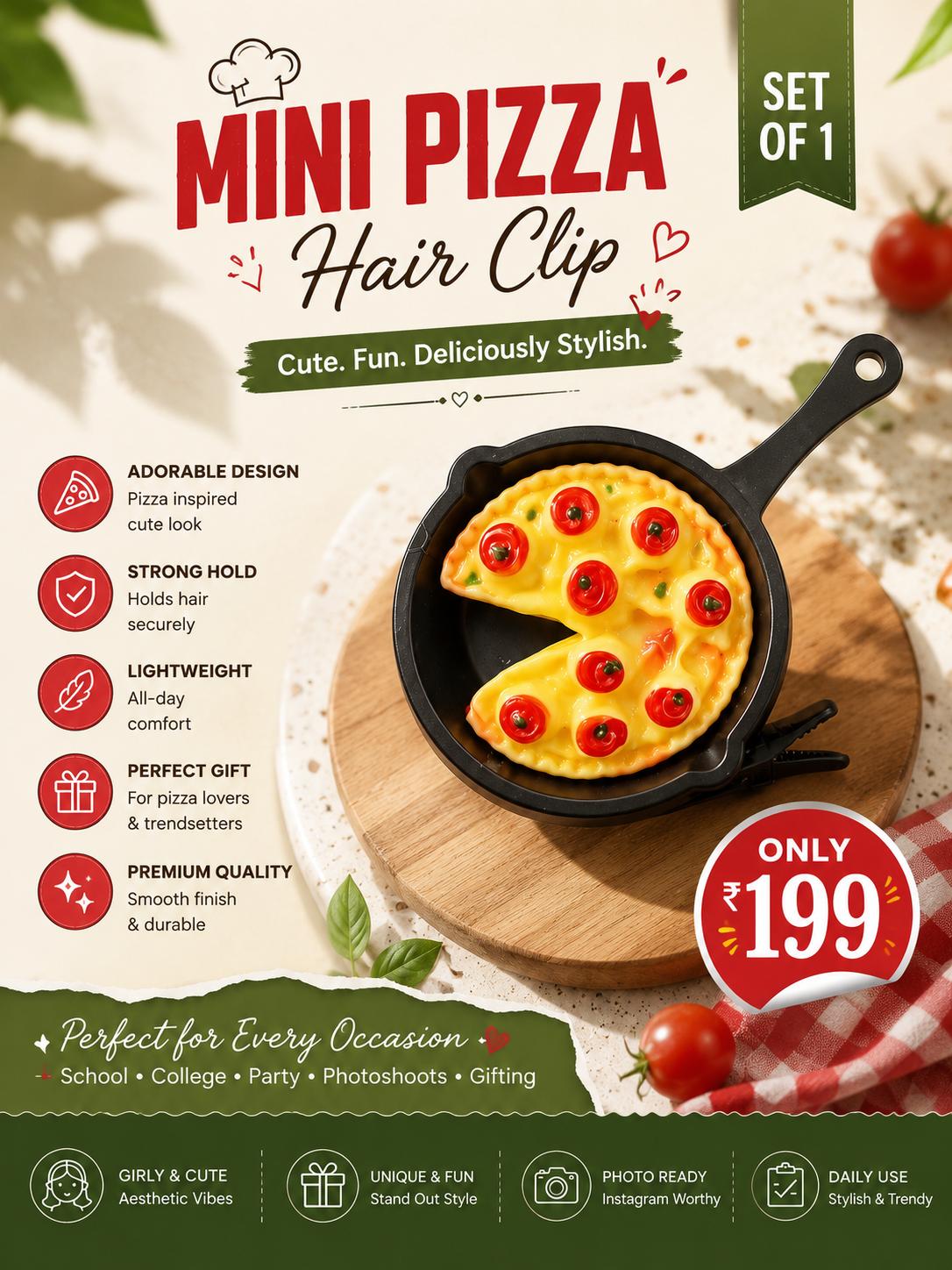 🍕 Pizza Hair Clip for Girls | Cute Korean Style Mini Pizza Hair Clip | Fun & Trendy Hair Accessory cutiesclub.in